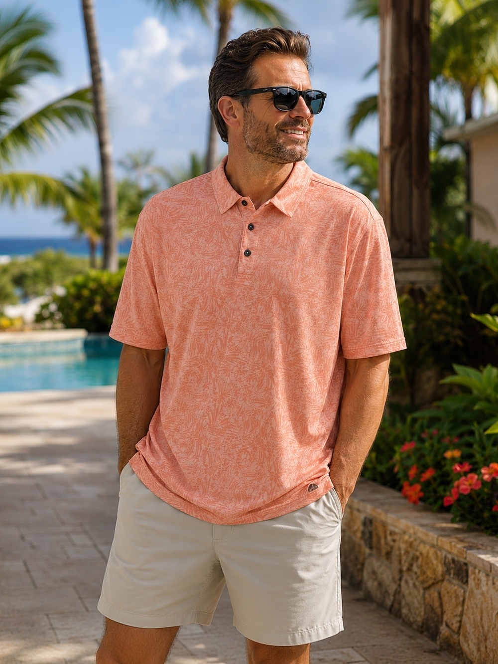 Havana Jim XXL Peach Tropical Floral Polo Shirt Golf Resort Hawaiian Casual
